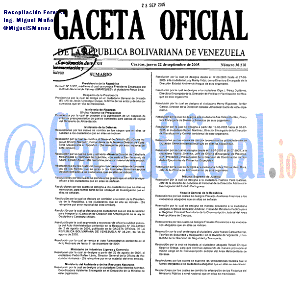 Gaceta Oficial 38278 del 22 Septiembre 2005