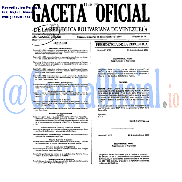 Gaceta Oficial 38282 del 28 Septiembre 2005