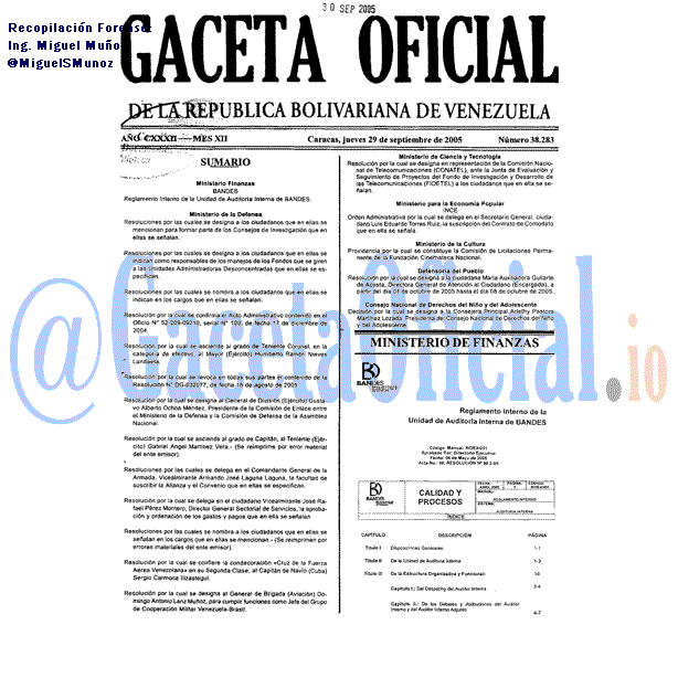 Gaceta Oficial 38283 del 29 Septiembre 2005