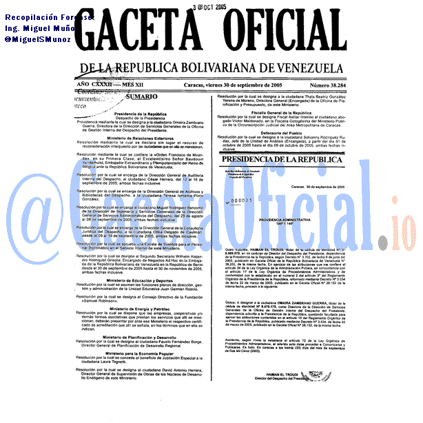 Gaceta Oficial 38284 del 30 Septiembre 2005