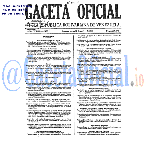 Gaceta Oficial 38292 del 13 Octubre 2005