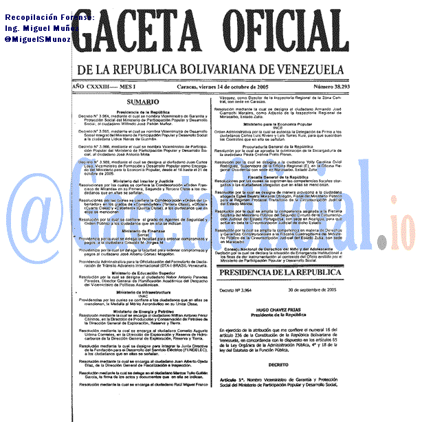 Gaceta Oficial 38293 del 14 Octubre 2005