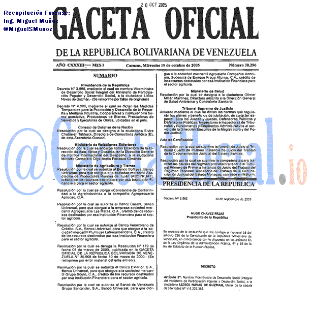 Gaceta Oficial 38296 del 19 Octubre 2005