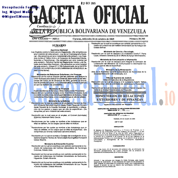 Gaceta Oficial 38300 del 26 Octubre 2005