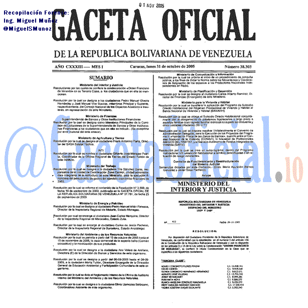 Gaceta Oficial 38303 del 31 Octubre 2005
