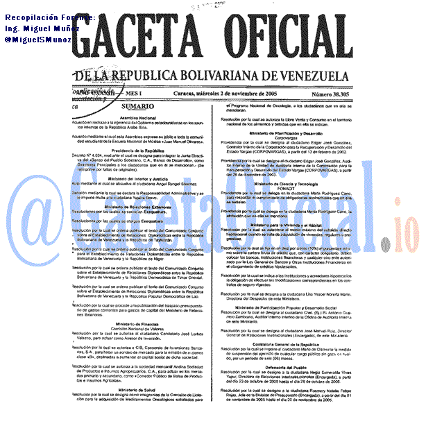 Gaceta Oficial 38305 del 2 Noviembre 2005