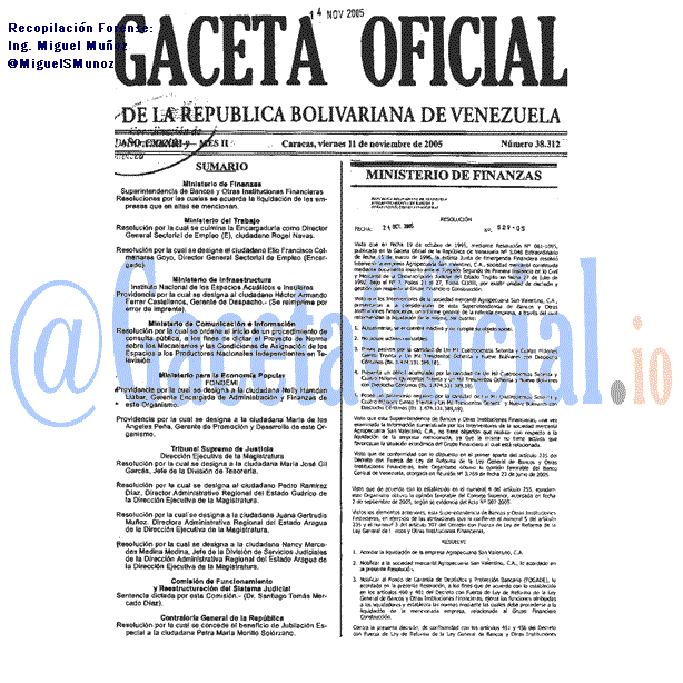 Gaceta Oficial 38312 del 11 Noviembre 2005