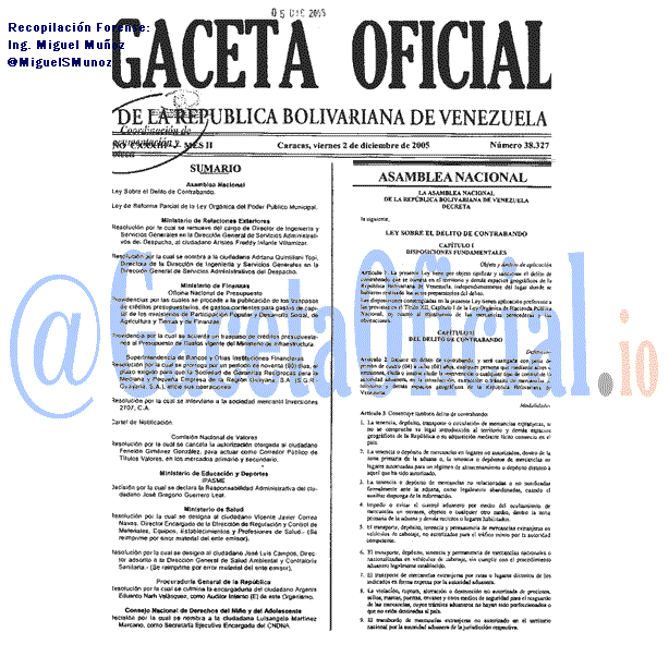 Gaceta Oficial 38327 del 2 Diciembre 2005