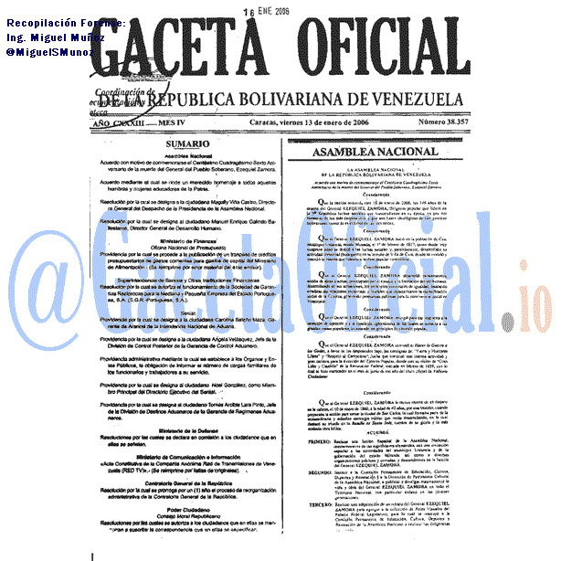 Gaceta Oficial 38357 del 13 Enero 2006