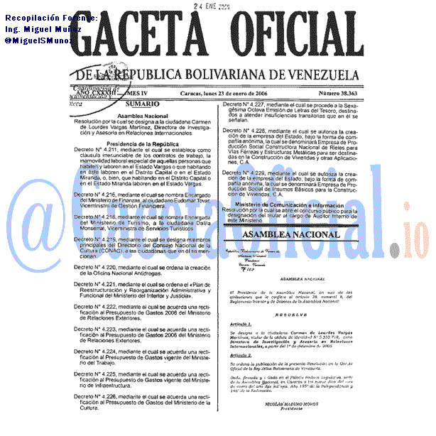 Gaceta Oficial 38363 del 23 Enero 2006