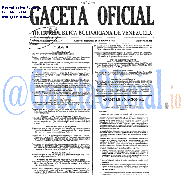 Gaceta Oficial 38365 del 25 Enero 2006