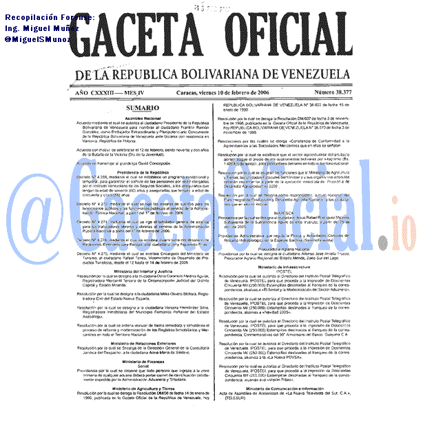 Gaceta Oficial 38377 del 10 Febrero 2006
