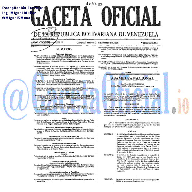 Gaceta Oficial 38384 del 21 Febrero 2006