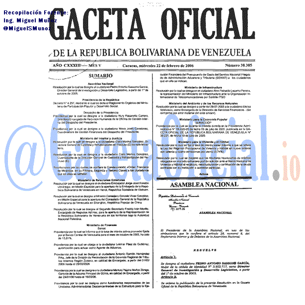 Gaceta Oficial 38385 del 22 Febrero 2006