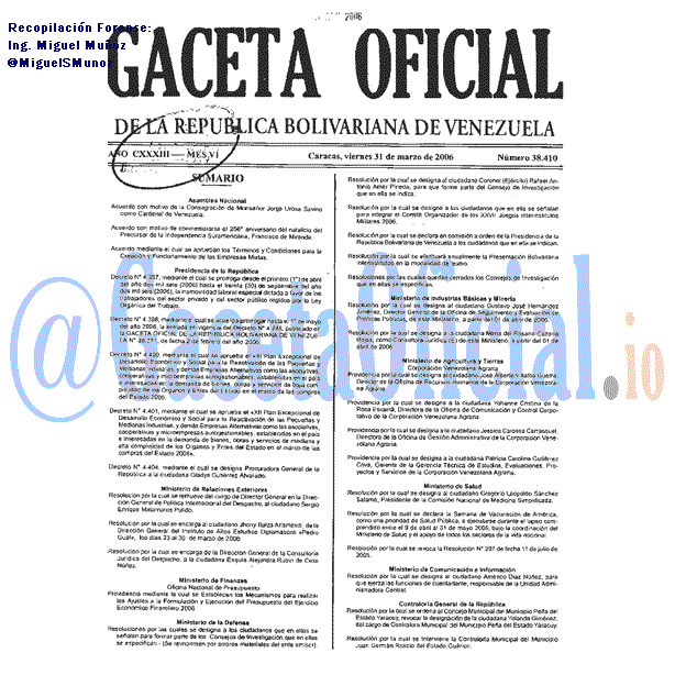 Gaceta Oficial 38410 del 31 Marzo 2006