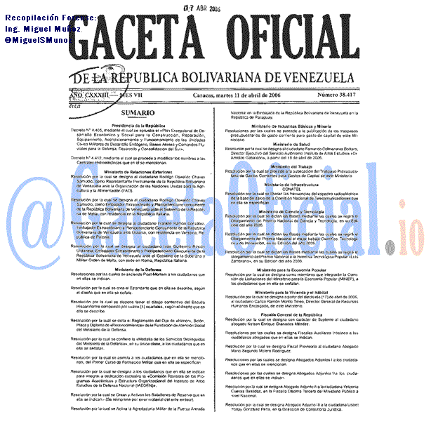 Gaceta Oficial 38417 del 11 Abril 2006