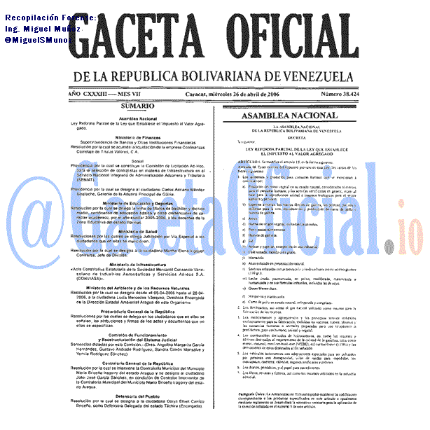 Gaceta Oficial 38424 del 26 Abril 2006