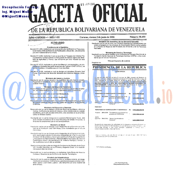Gaceta Oficial 38450 del 2 Junio 2006
