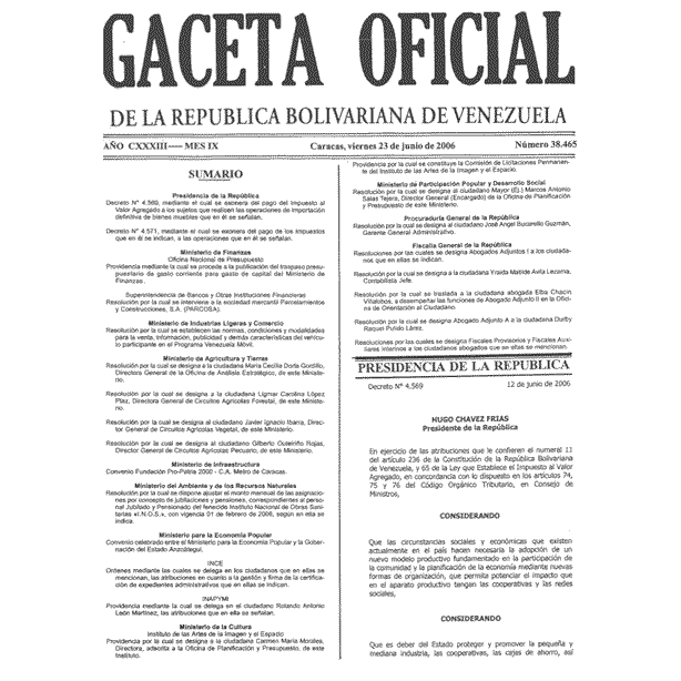 Gaceta Oficial 38465 del 23 Junio 2006