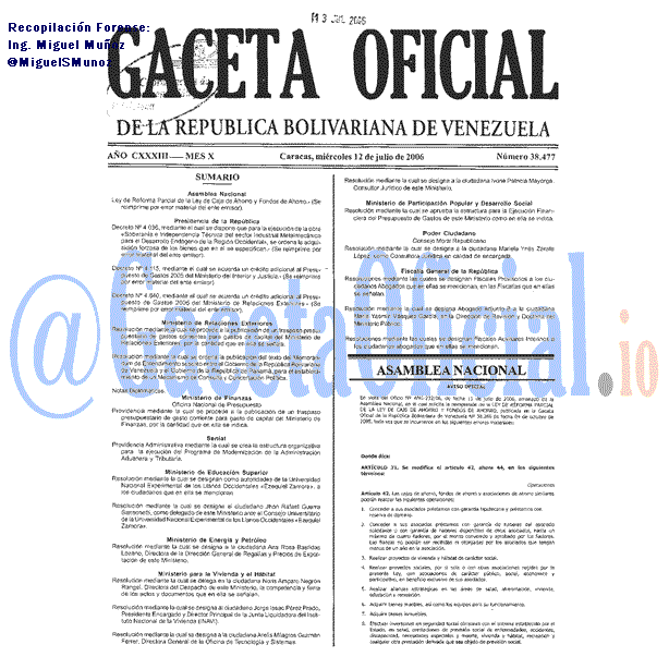 Gaceta Oficial 38477 del 12 Julio 2006