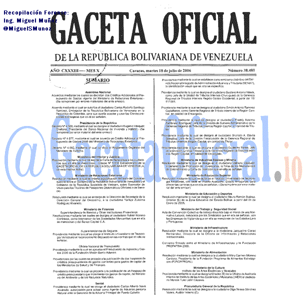 Gaceta Oficial 38481 del 18 Julio 2006