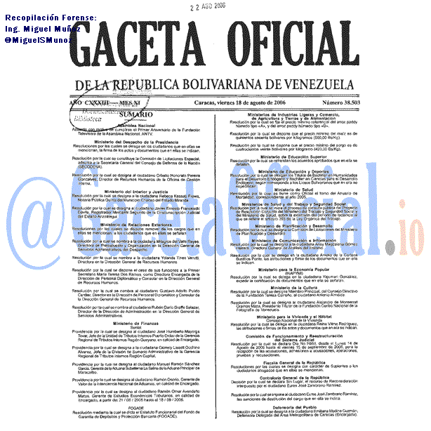 Gaceta Oficial 38503 del 18 Agosto 2006