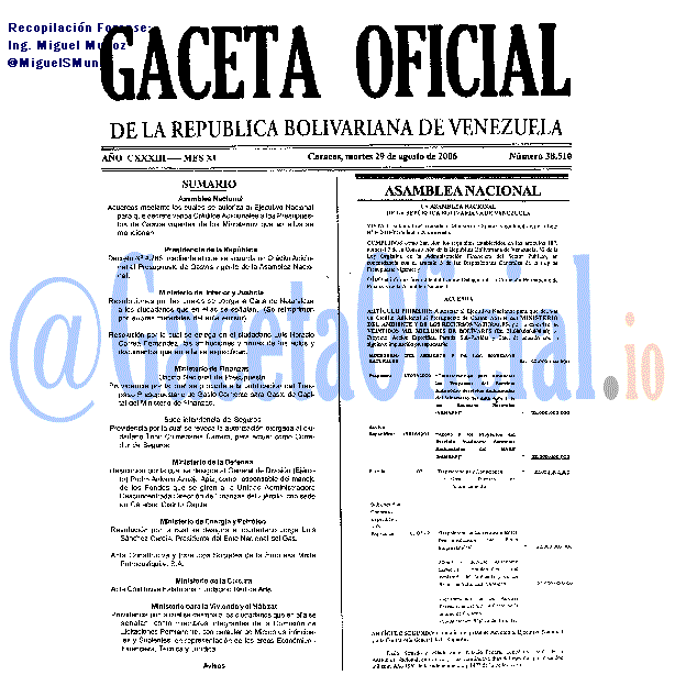 Gaceta Oficial 38510 del 29 Agosto 2006