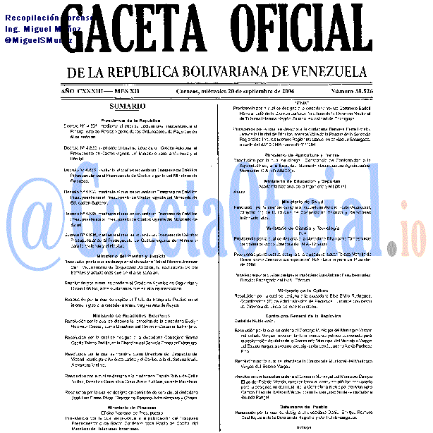 Gaceta Oficial 38526 del 20 Septiembre 2006