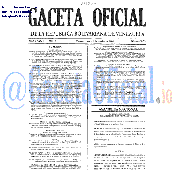 Gaceta Oficial 38538 del 6 Octubre 2006