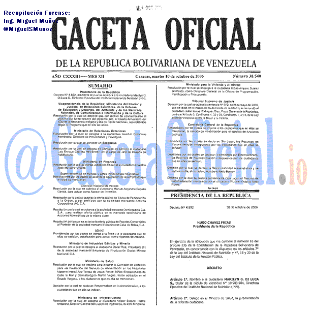 Gaceta Oficial 38540 del 10 Octubre 2006