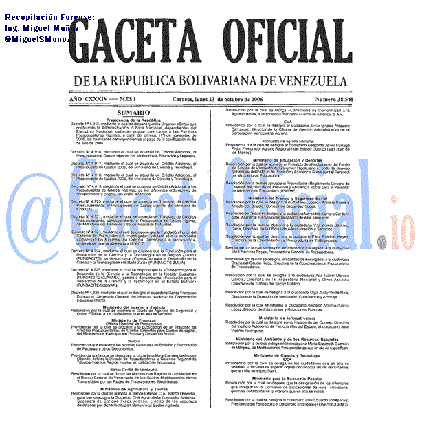 Gaceta Oficial 38548 del 23 Octubre 2006