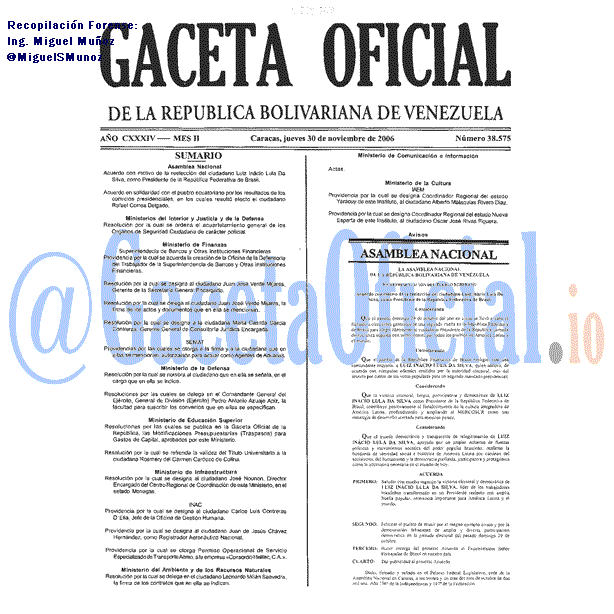Gaceta Oficial 38575 del 30 Noviembre 2006