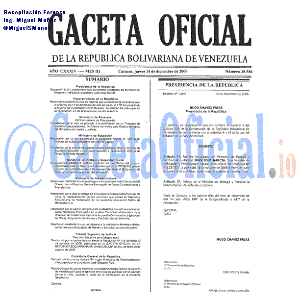 Gaceta Oficial 38584 del 14 Diciembre 2006