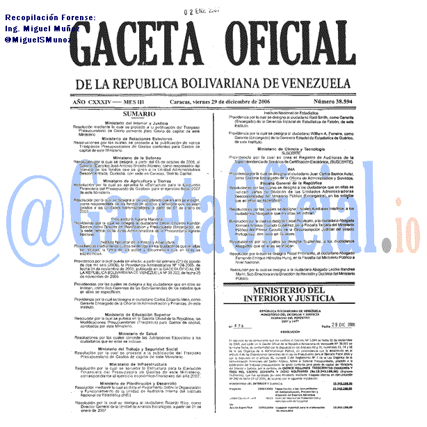 Gaceta Oficial 38594 del 29 Diciembre 2006