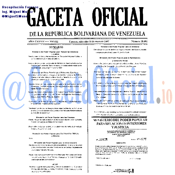 Gaceta Oficial 38601 del 10 Enero 2007