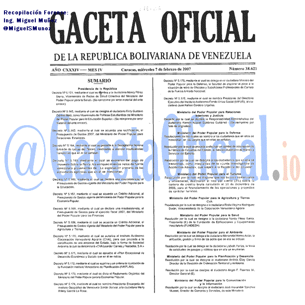 Gaceta Oficial 38621 del 7 Febrero 2007