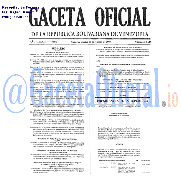 Gaceta Oficial 38625 del 13 Febrero 2007
