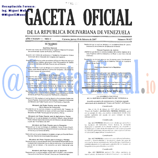 Gaceta Oficial 38627 del 15 Febrero 2007