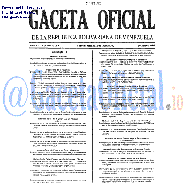 Gaceta Oficial 38628 del 16 Febrero 2007