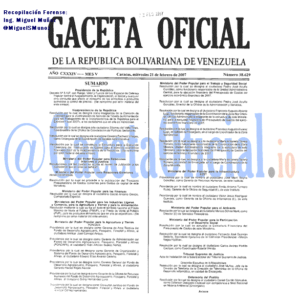 Gaceta Oficial 38629 del 21 Febrero 2007