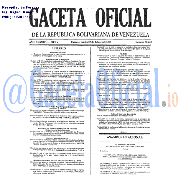 Gaceta Oficial 38633 del 27 Febrero 2007