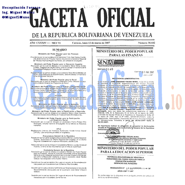 Gaceta Oficial 38642 del 12 Marzo 2007