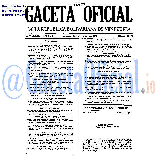 Gaceta Oficial 38674 del 2 Mayo 2007