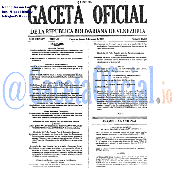 Gaceta Oficial 38675 del 3 Mayo 2007
