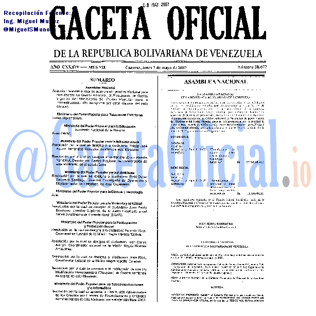 Gaceta Oficial 38677 del 7 Mayo 2007