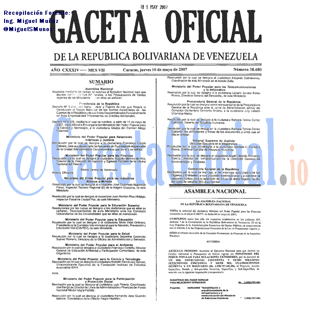 Gaceta Oficial 38680 del 10 Mayo 2007