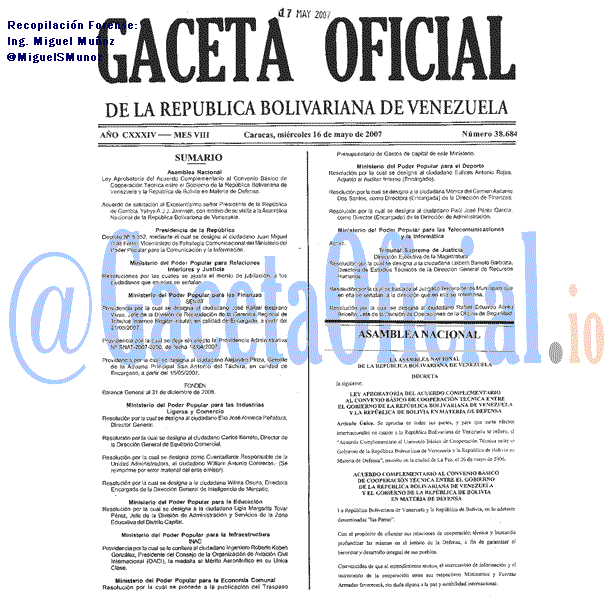 Gaceta Oficial 38684 del 16 Mayo 2007