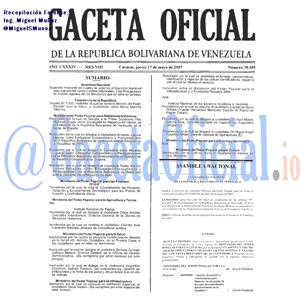 Gaceta Oficial 38685 del 17 Mayo 2007