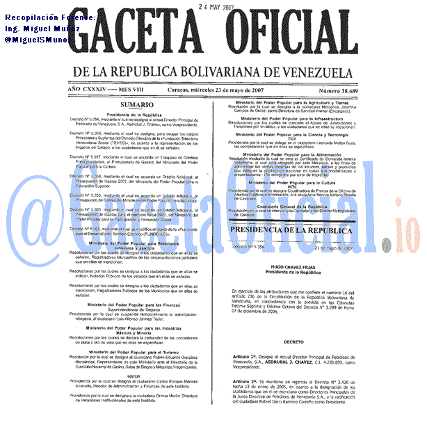 Gaceta Oficial 38689 del 23 Mayo 2007