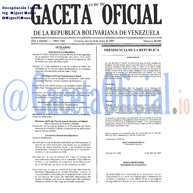 Gaceta Oficial 38690 del 24 Mayo 2007